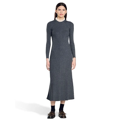 Elorine Ruffled-Collar Rib-Knit Mixi Dress