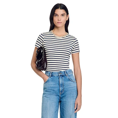 Rimini Rhinestone-Neckline Striped T-Shirt