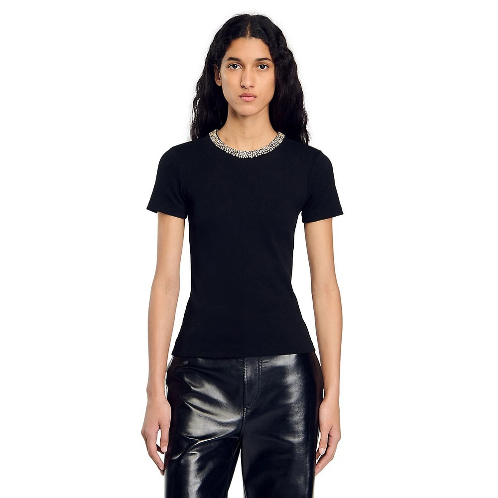 Rimini Rhinestone-Neckline Solid T-Shirt