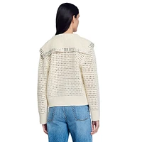 Ursule Rhinestone-Collar Openwork-Knit Wool Sweater