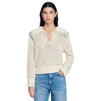 Ursule Rhinestone-Collar Openwork-Knit Wool Sweater