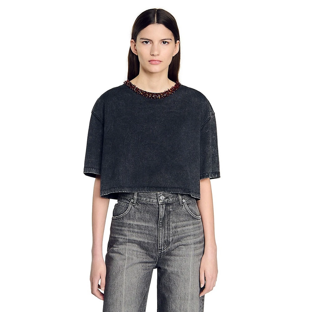 Saturne Beaded-Neck Faded Jersey Cropped T-Shirt