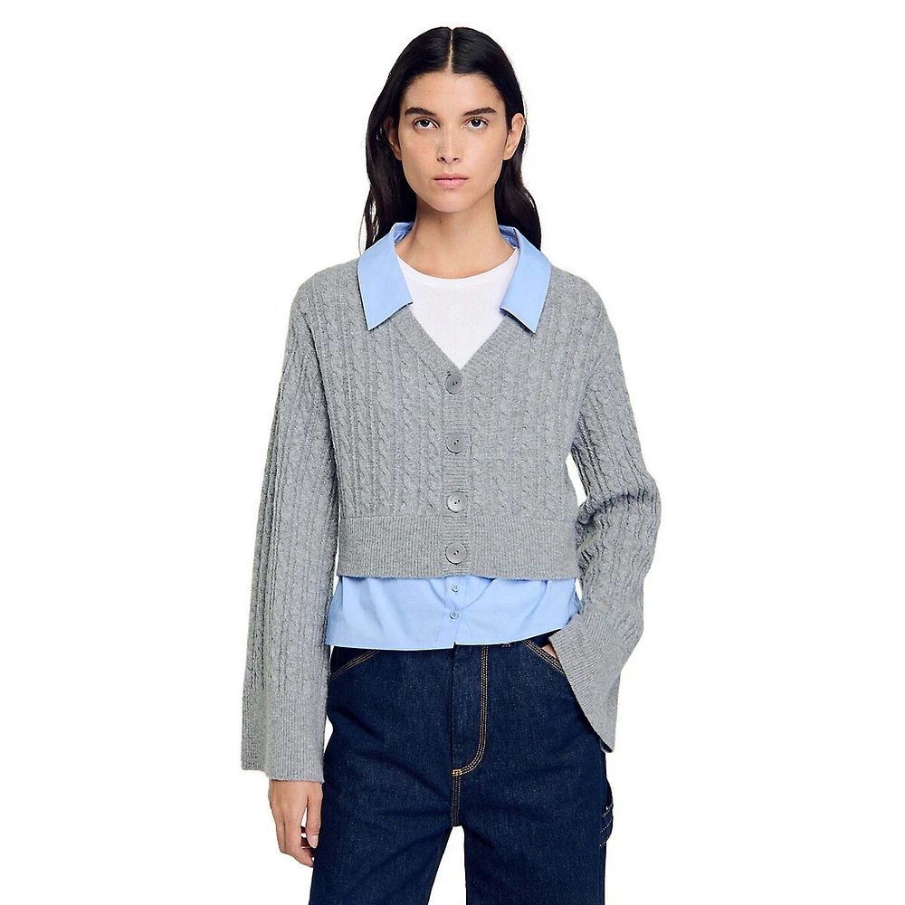 April Removable Shirt-Collar Cable-Knit Cardigan