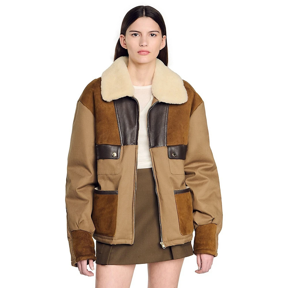 Douglas Oversized Leather, Suede & Shearling Zip Jacket