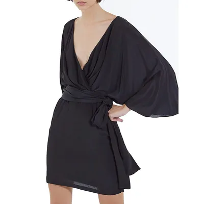 Silk-Blend Belted Flared-Sleeve Mini Dress