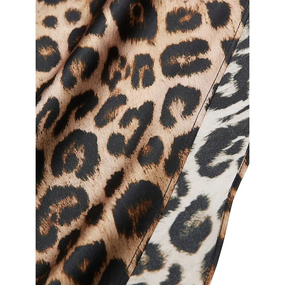 Long Satin Skirt Leopard Print Side Slit
