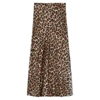 Long Satin Skirt Leopard Print Side Slit