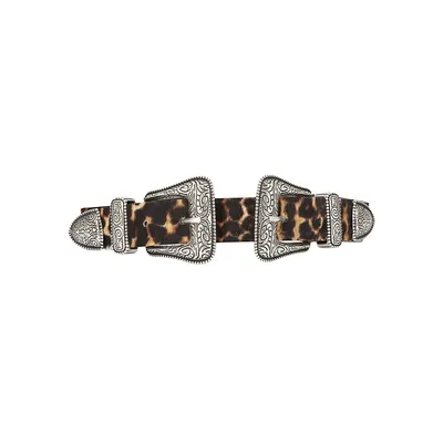 Double-Buckle Leopard-Print Leather Belt