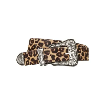 Western-Buckle Leopard-Print Wide Leather Belt