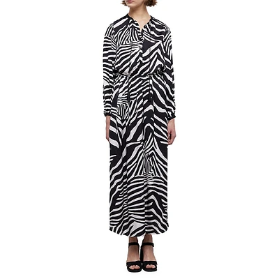 Zebra-Print Tassel-Tie Midi Dress