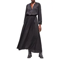 Satin Tassel-Tie Blouson Maxi Dress