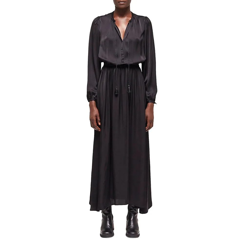 Satin Tassel-Tie Blouson Maxi Dress