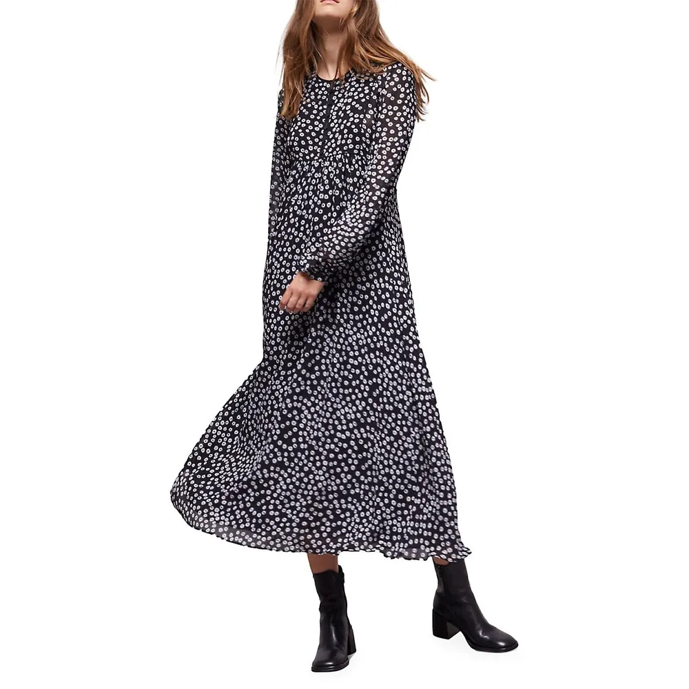 Daisy Dots Long-Sleeve Flowing Midi Dress