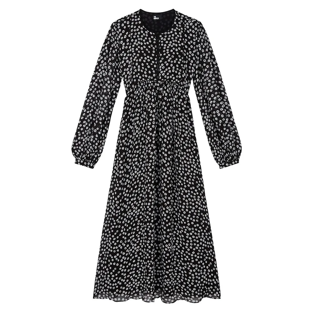 Daisy Dots Long-Sleeve Flowing Midi Dress