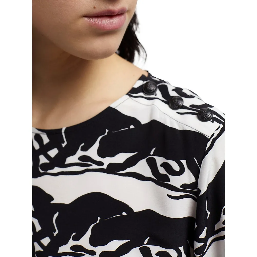 Panther-Print Shoulder-Button Blouse