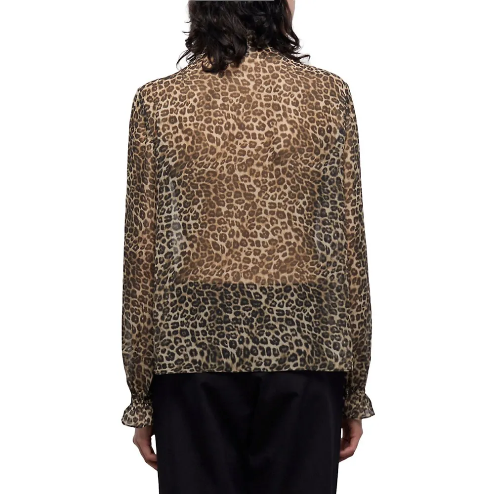 Smocked Split Leopard-Print Blouse