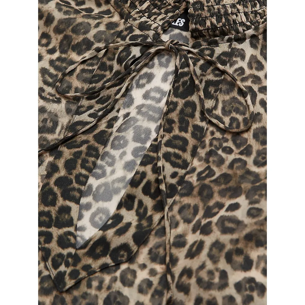 Smocked Split Leopard-Print Blouse