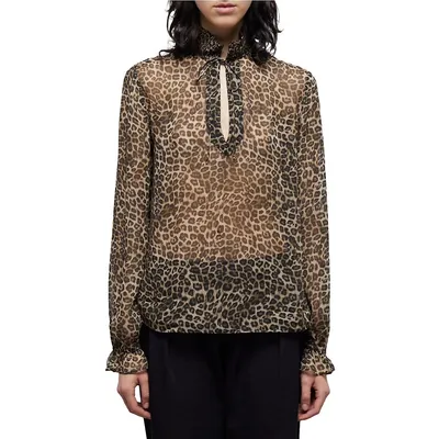 Smocked Split Leopard-Print Blouse