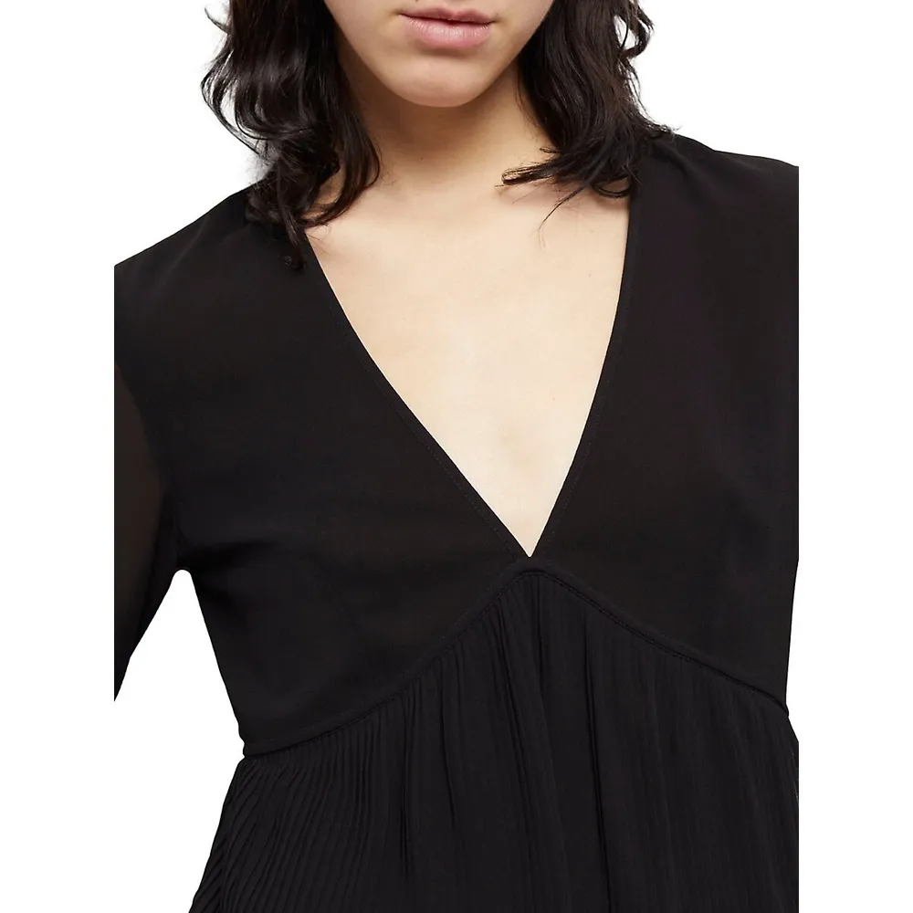 Sheer-Sleeve Layered Ruffle Mini Dress