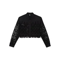 Openwork Embroidery Collared Cropped Shirt