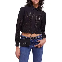 Openwork Embroidery Collared Cropped Shirt