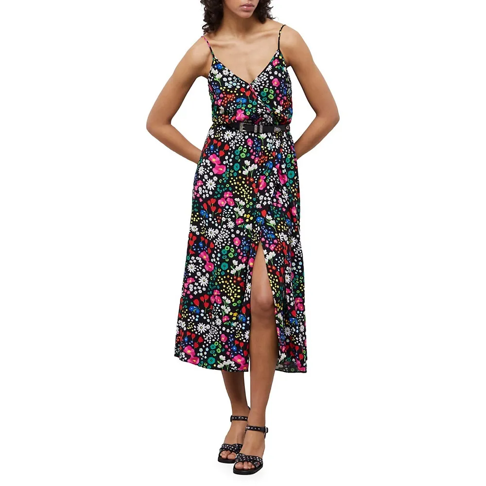 Floral-Print Strappy Wrap Midi Dress