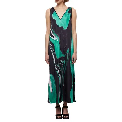 Marble-Print Sleeveless Midi Dress