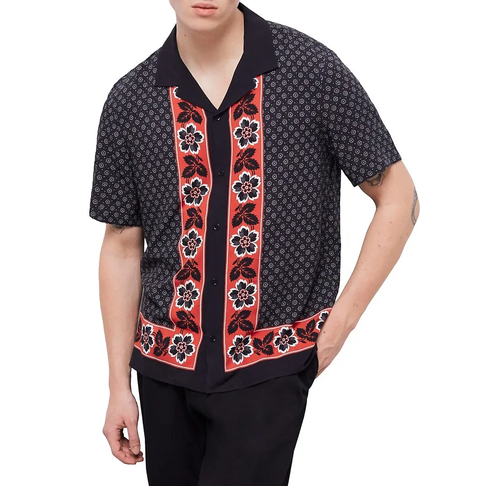 Contrast Border-Print Camp Shirt