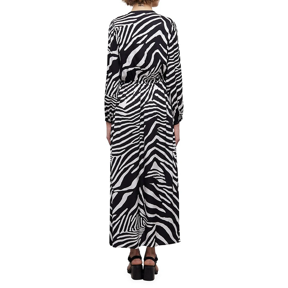 Zebra-Print Tassel-Tie Midi Dress