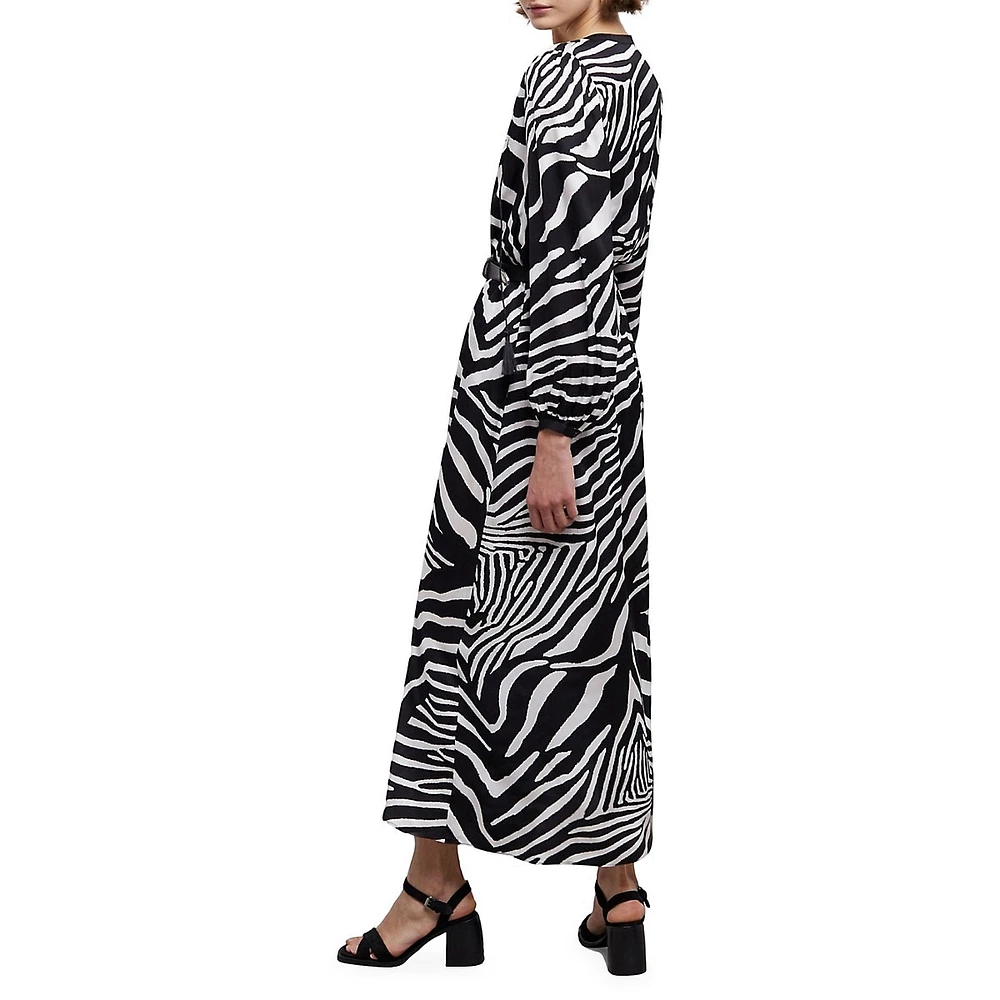 Zebra-Print Tassel-Tie Midi Dress