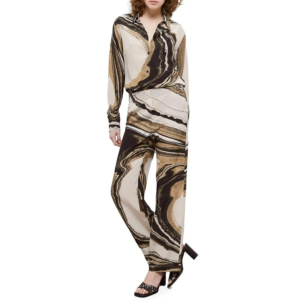 Marble-Print Flowing Silk Pants