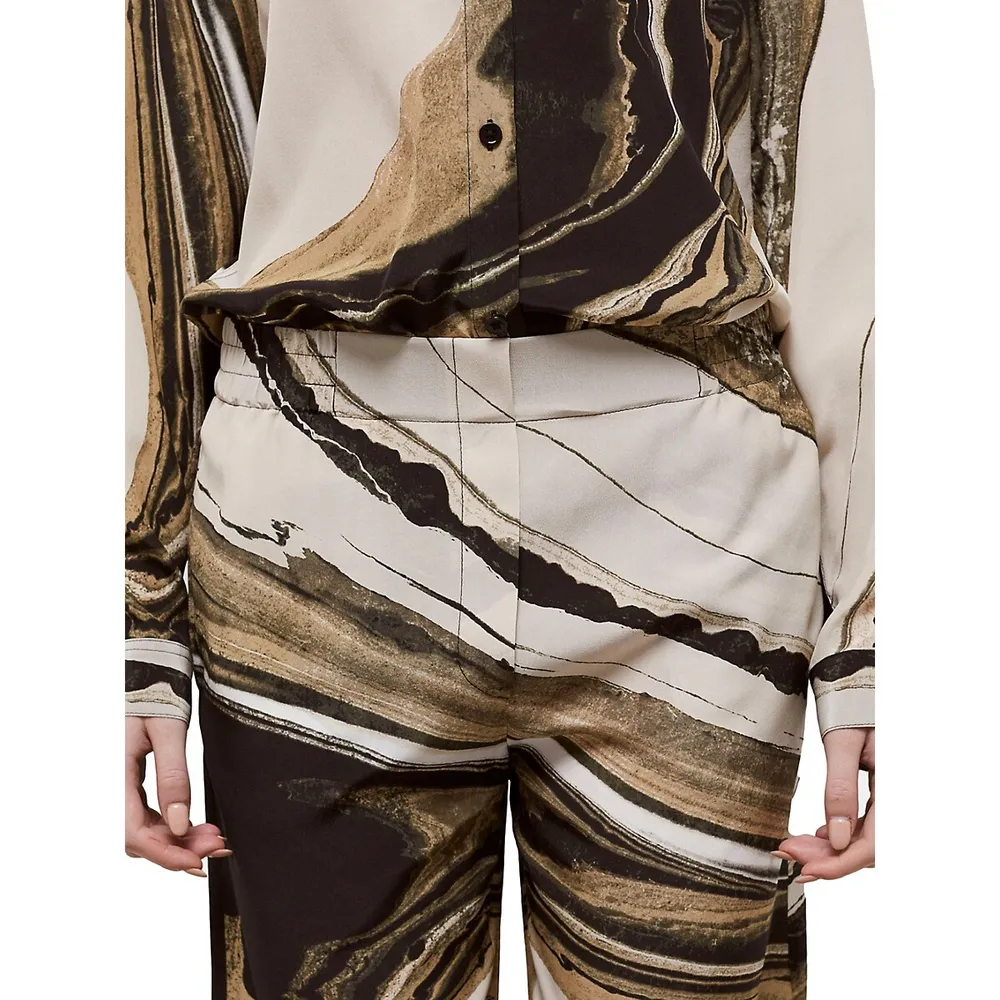 Marble-Print Flowing Silk Pants