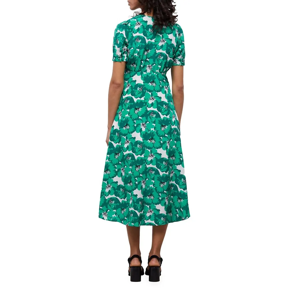 Button-Front Floral Silk Midi Dress