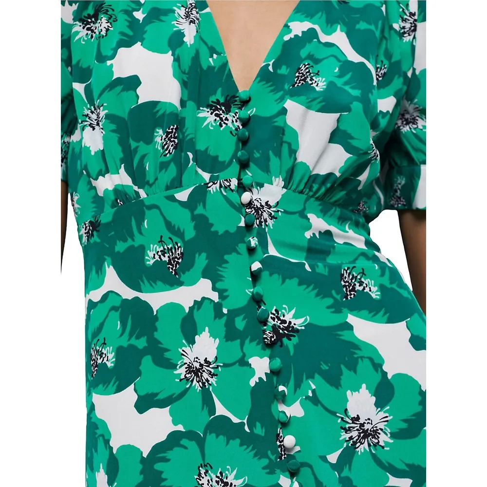 Button-Front Floral Silk Midi Dress
