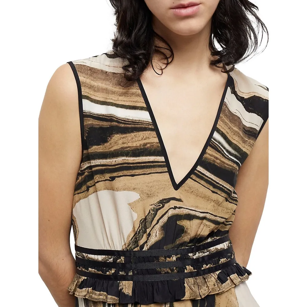 Marble-Print Silk Sleeveless Mini Dress