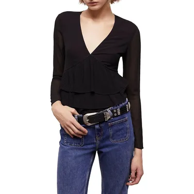 Pleated Crepe Frill Deep V Top