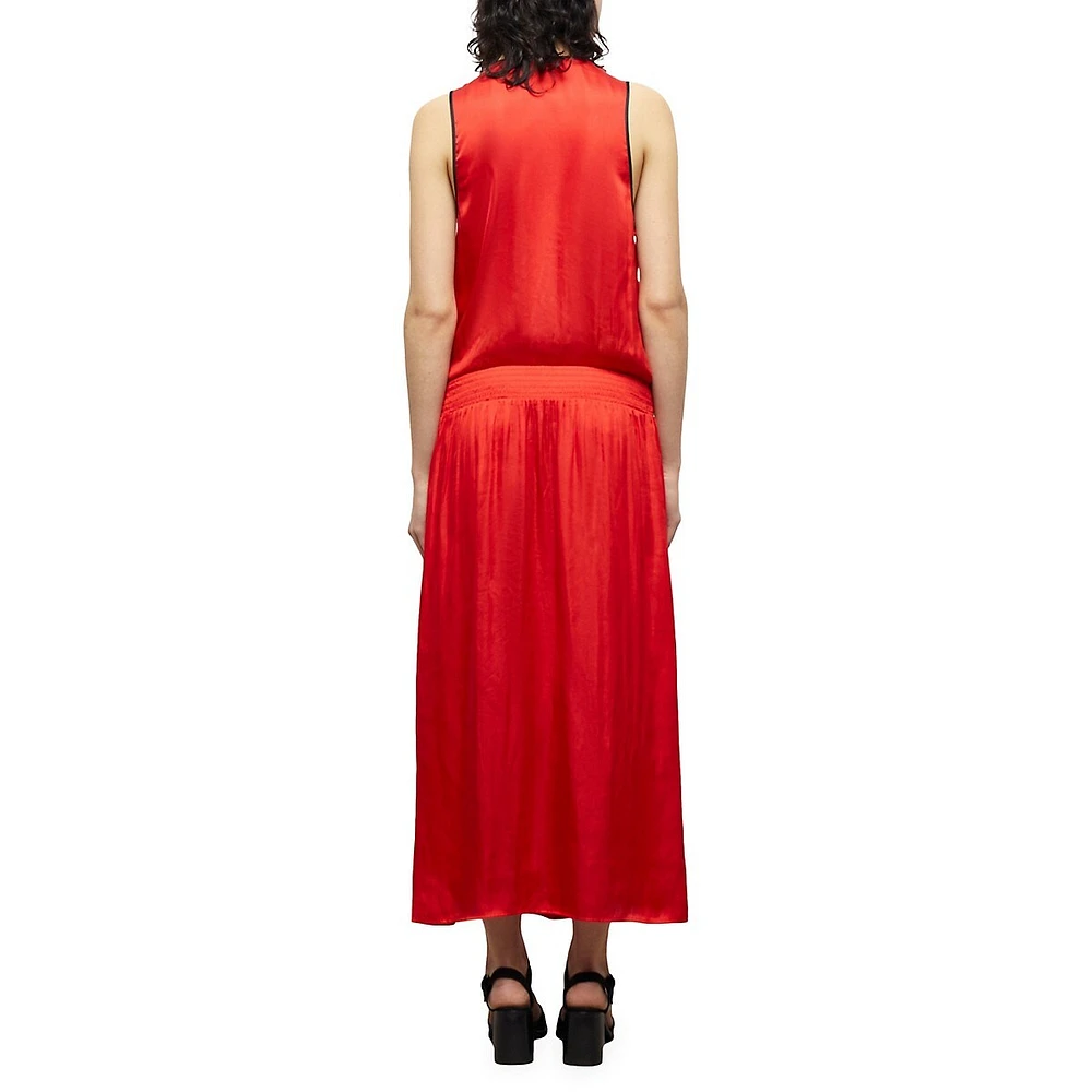 Smocked-Waist Japanese Satin Midi Dress