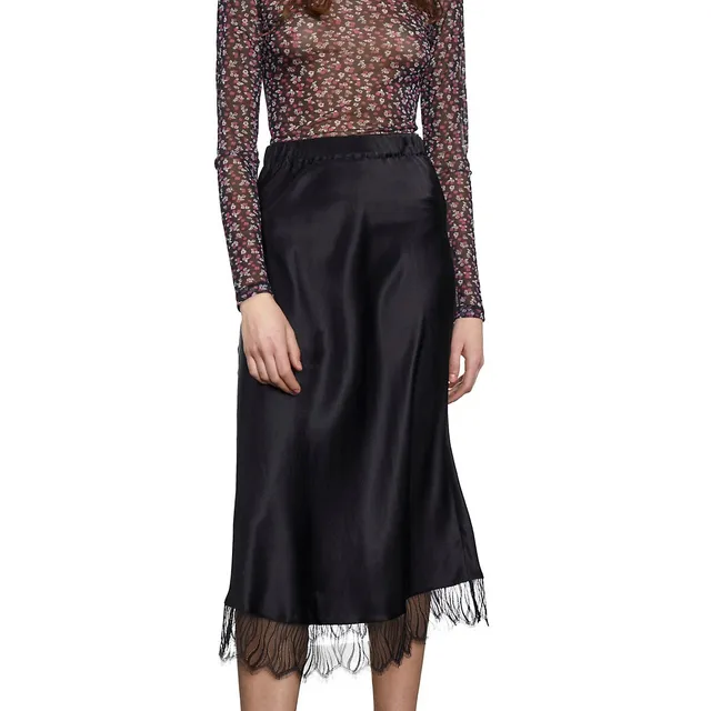 SATIN LACE-TRIMMED SKIRT - Black