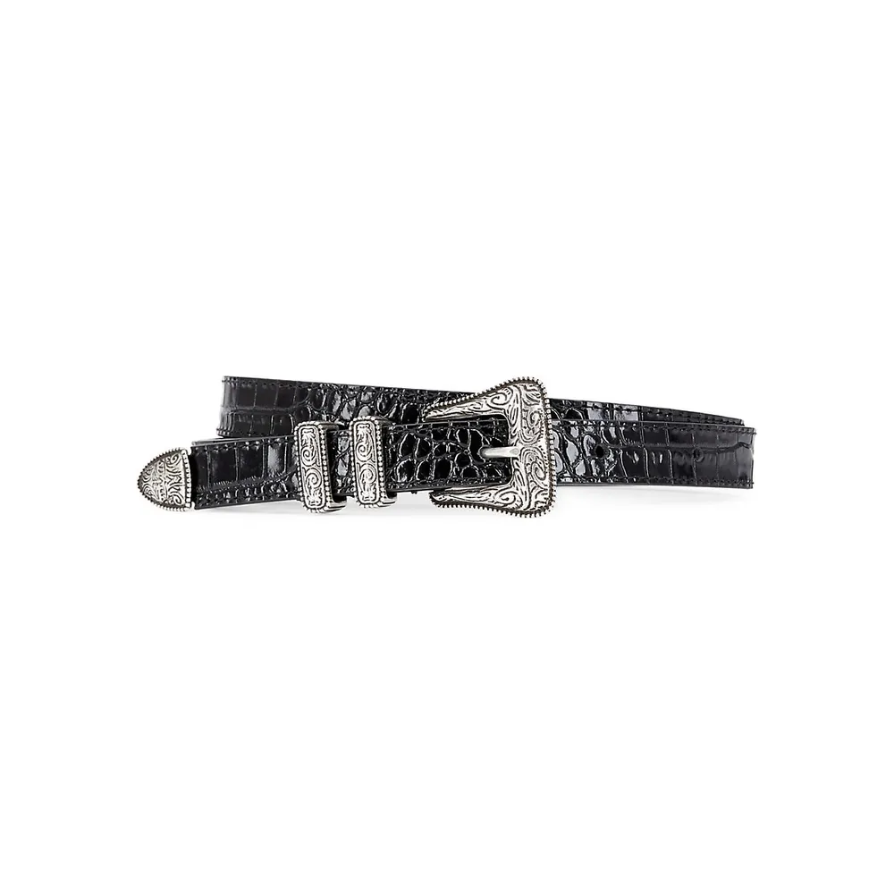 Croc-Embossed Leather Covered Buckle Belt