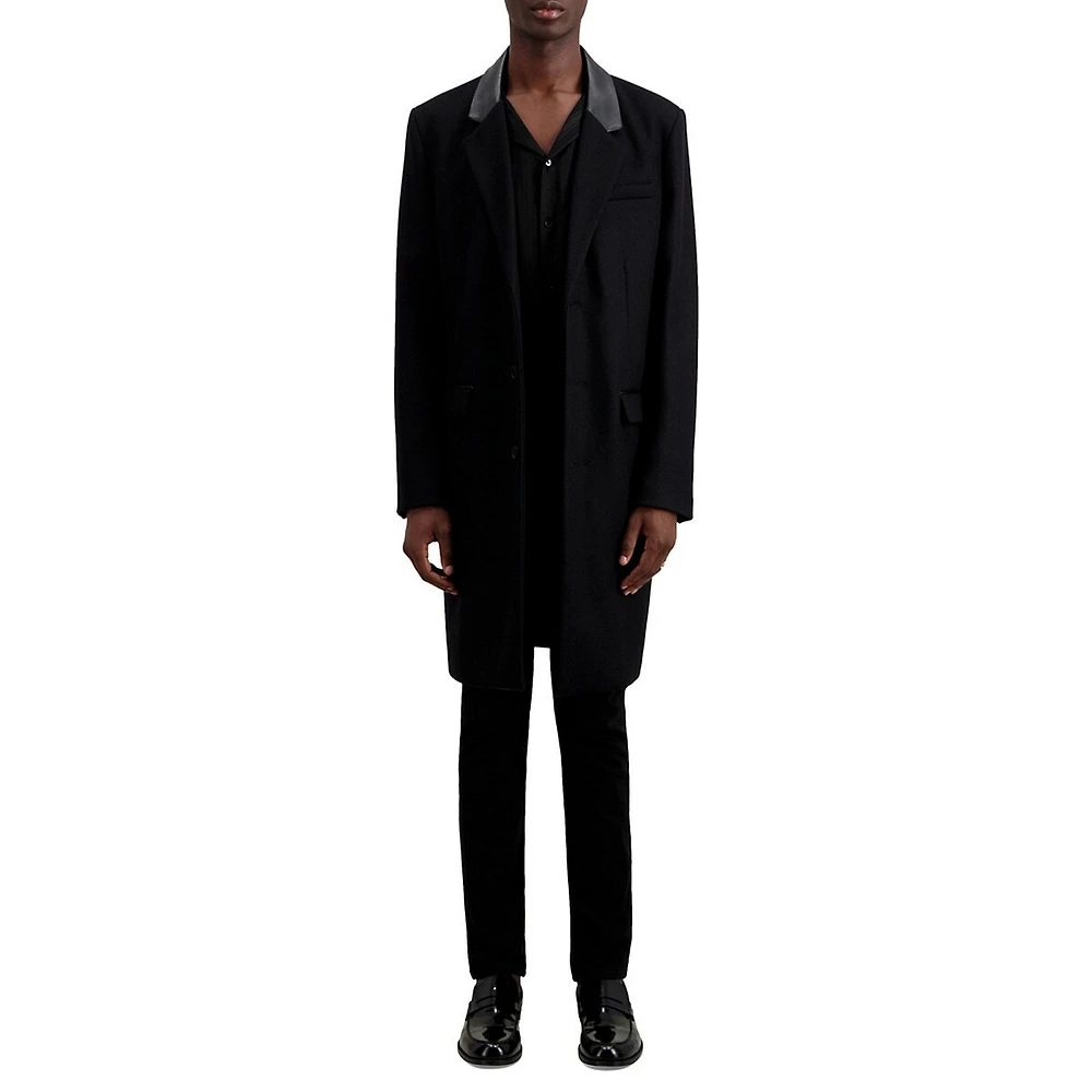 Collared Leather-Trim Wool-Blend Long Coat