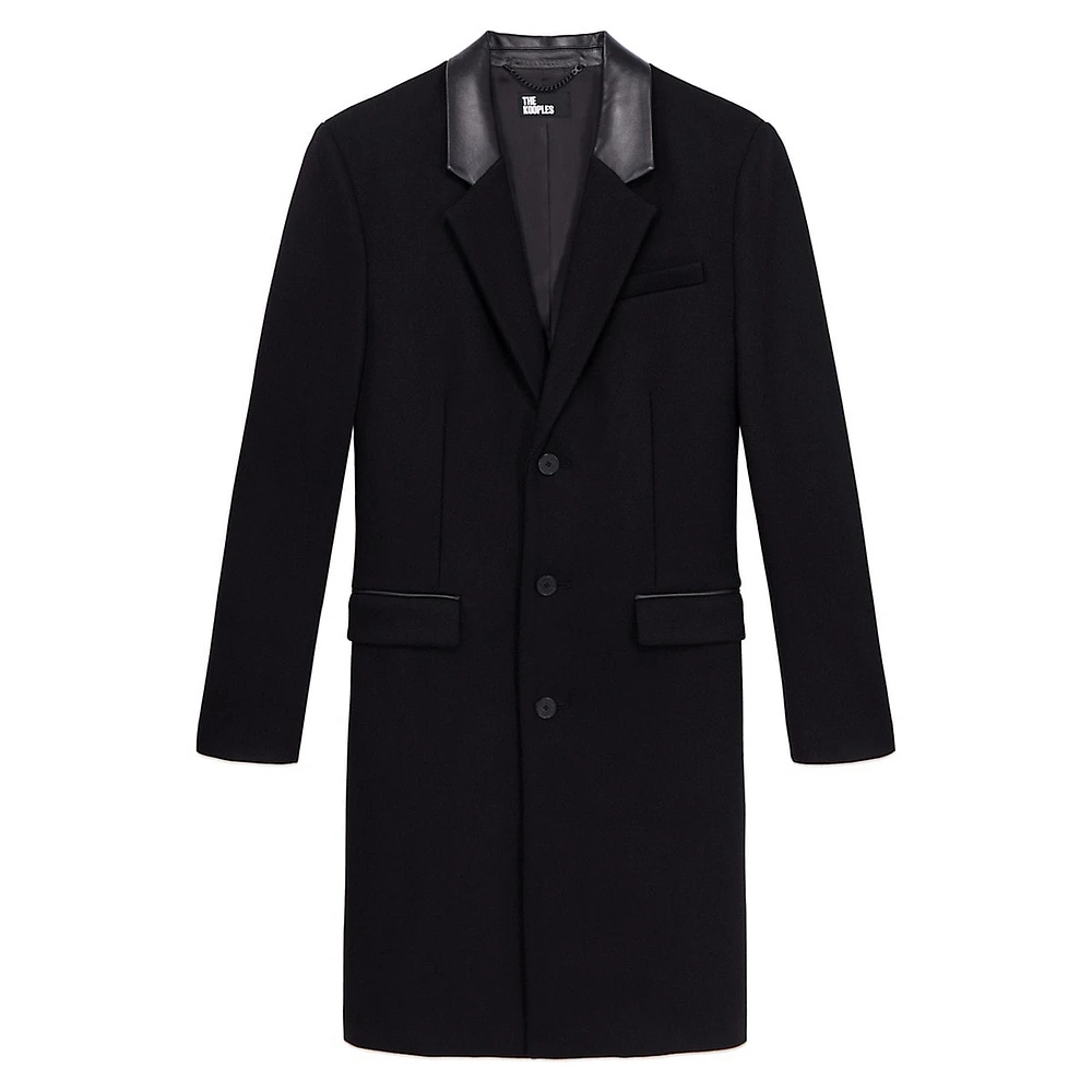 Collared Leather-Trim Wool-Blend Long Coat