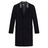 Collared Leather-Trim Wool-Blend Long Coat