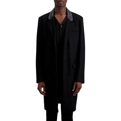 Collared Leather-Trim Wool-Blend Long Coat