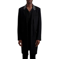 Collared Leather-Trim Wool-Blend Long Coat