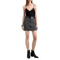 Leaather-Trim Tweed Mini Skirt