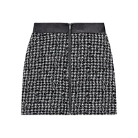 Leaather-Trim Tweed Mini Skirt