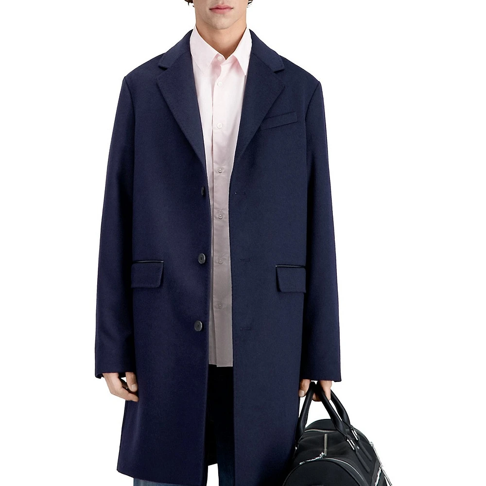 Leather-Trim Wool & Cashmere-Blend Long Coat