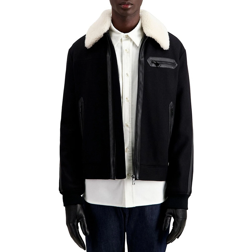 Shearling-Collar Wool-Blend Aviator-Style Jacket