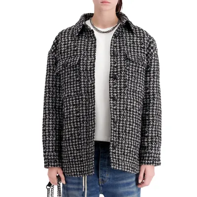 Leather-Trim Tweed Oversized Shacket