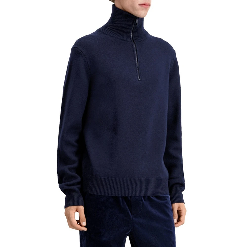 Wool Quarter-Zip Leather-Piped Sweater